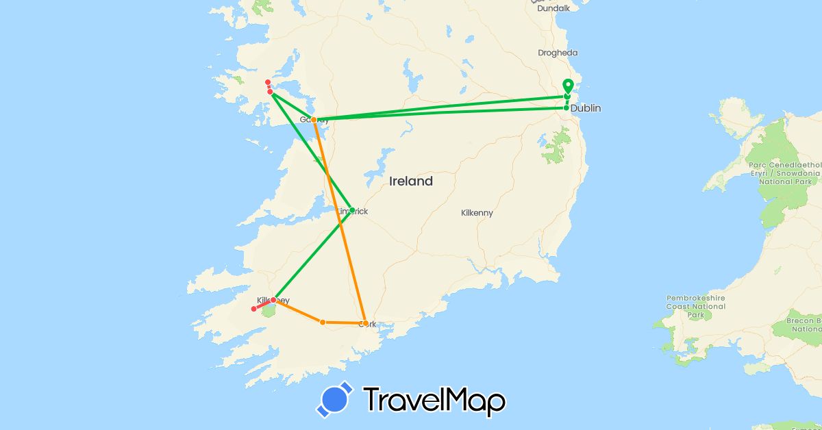TravelMap itinerary: driving, bus, hiking, hitchhiking in Ireland (Europe)