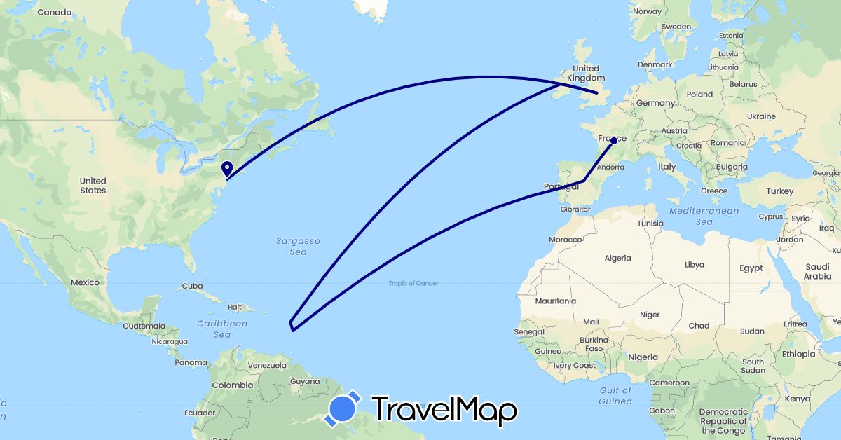 TravelMap itinerary: driving in Spain, France, United Kingdom, Guadeloupe, Ireland, Martinique, Portugal, United States (Europe, North America)